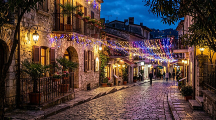 Fototapeta premium Charming European village street illuminated with festive string lights at twilight, creating a magical atmosphere