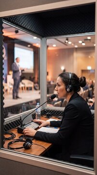 Professional Conference Interpreter Working In Soundproof Booth During International Business Meeting Event