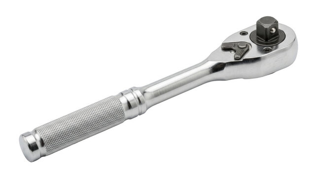 Shiny chrome ratchet wrench with steel handle and socket mechanism isolated for professional automotive repair