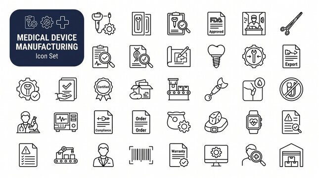 Medical device manufacturing icon set with sterile packaging, FDA approval, and quality testing symbols.