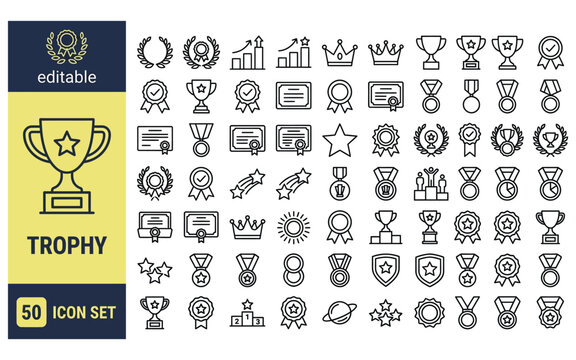 Trophy thin line vector icon set with award symbols for business achievement and competition winners.