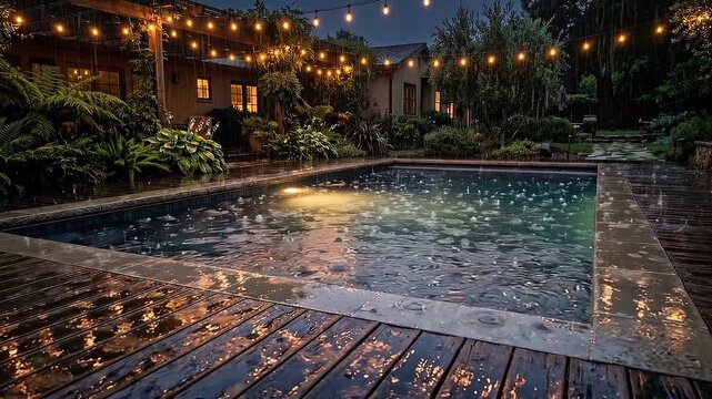 Slow motion panning shot of backyard pool with raindrops creating ripples on wet wooden deck under glowing string lights in residential garden courtyard at evening