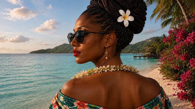 Elegant woman of African descent gazing at a tropical paradise lagoon.