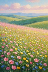 Obraz premium Oil painting of sunlit meadow full of pink yellow, blue wildflowers overlooks rolling green hills. Pastel sky with soft clouds adds serene joy, dreamy atmosphere. Idyllic countryside scene perfect