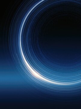 Abstract blue light rings on a dark background with sweeping curved lines and a glowing arc, suitable for technology and business presentations.