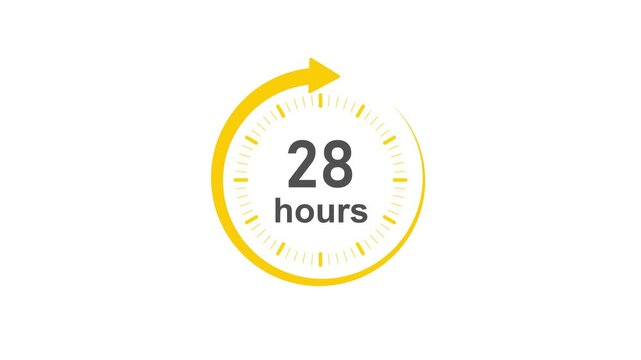 Clock 28 hours icon, Clock Face Timer . isolated on transparent background with alpha channel Clock , yellow circular ,timer time passage waiting time animation (4K) , 28 hours. Overlay 4k video 