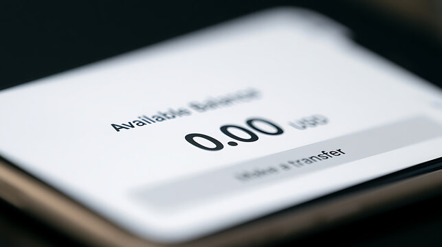 Close up view of a digital screen showing zero balance and transfer option on a mobile phone for personal finance and money management concept