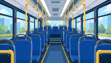 Fototapeta premium Interior view of an empty public transport bus with blue seats and yellow handrails