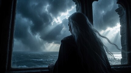 Obraz premium Mystical woman with long white hair looks out castle window. Silhouette of female figure gazes at stormy sky, dark ocean waves. Fantasy scene with dramatic clouds, epic landscape view from stone