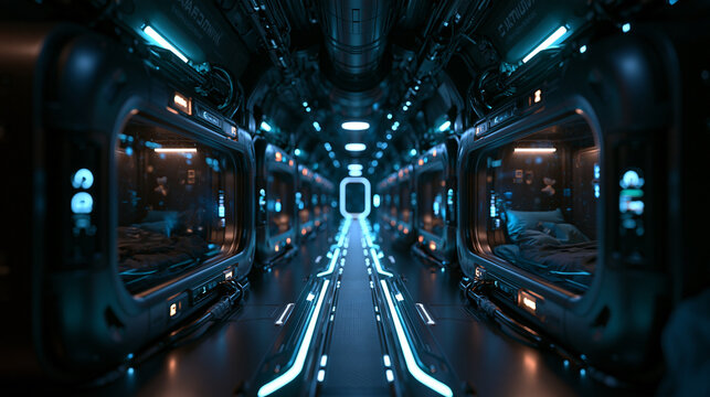 Futuristic Spaceship Interior with Sleeping Pods and Neon Corridor