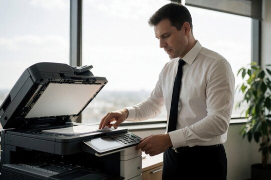 Caucasian businessman uses large photocopier in modern office. Male manager operates digital printer machine to scan copy paper documents. Pro worker handles paperwork at desk near window in bright