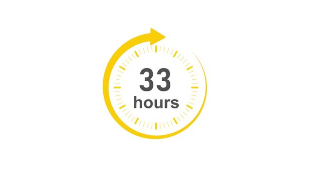 Clock 33 hours icon, Clock Face Timer . isolated on transparent background with alpha channel Clock , yellow circular ,timer time passage waiting time animation (4K) , 33 hours. Overlay 4k video 