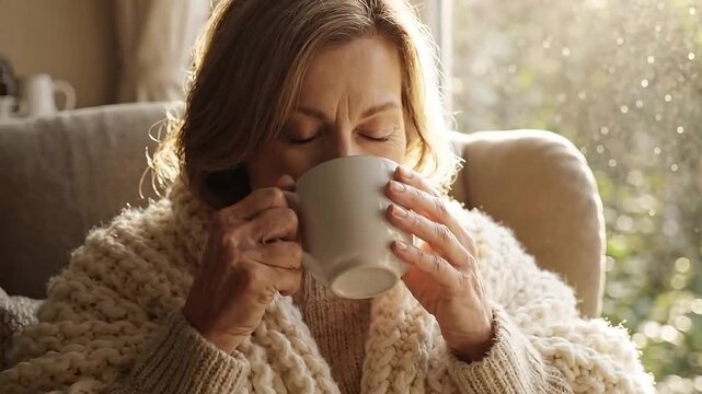 Happy mature woman enjoying a steaming hot drink by a sunny window in a cozy sweater