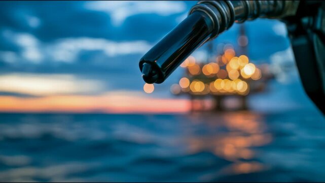 Close-up of an oil nozzle dripping dark crude petroleum over the ocean with an illuminated offshore platform in the background at sunset