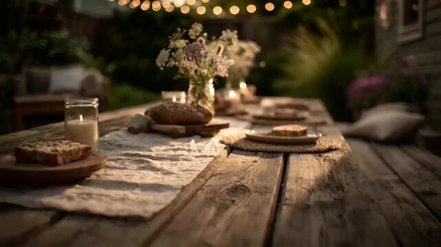 Summer hot vibe lifestyle. A serene outdoor dining scene captured during the golden hour. A rustic wooden table is the main subject, adorned with a loaf of bread.