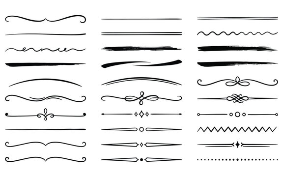 Set of black hand drawn decorative text dividers and paragraph lines for modern professional layout.