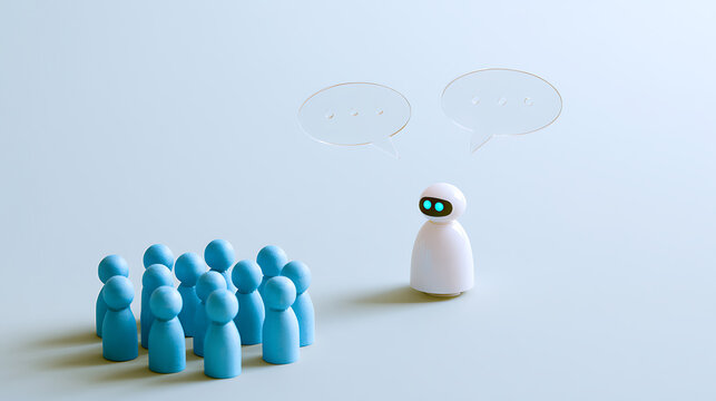 A small white robot talks to a group of blue wooden pegs with speech bubbles above them representing artificial intelligence communication