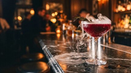 Fototapeta premium Exotic Cocktail Delight: A captivating deep red cocktail, elegantly garnished and emitting a subtle wisp of smoke, rests on a polished marble bar counter.