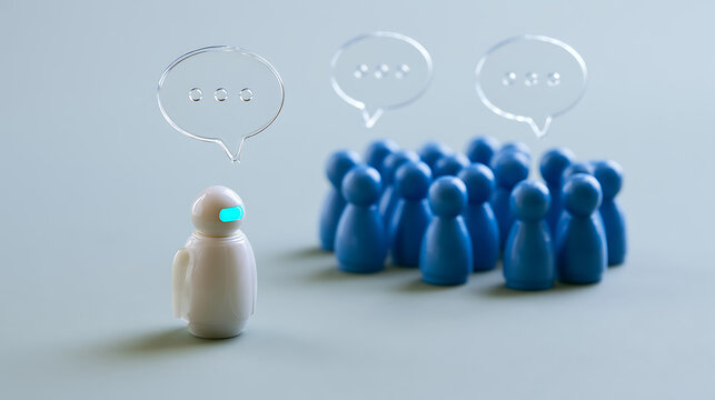 A small white robot figure stands before a crowd of blue wooden people figures with transparent speech bubbles floating in modern business concept