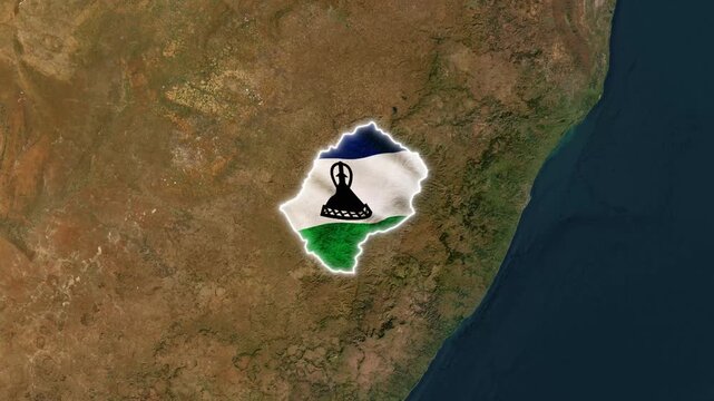 Lesotho map shape textured with national flag colors fluttering in motion animation footage showing aerial satellite land view background landscape