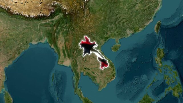 Animated map footage showing the textured flag of Laos waving inside the country border on a realistic satellite earth globe