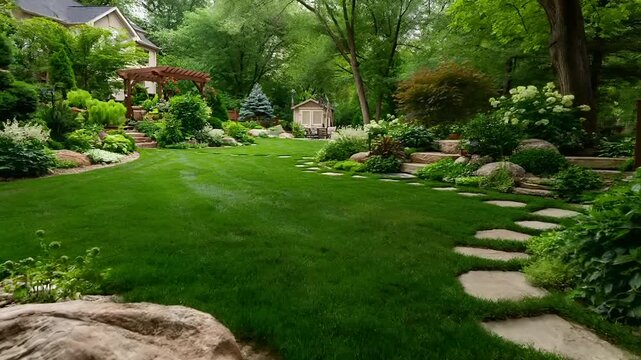 Summer hot vibe lifestyle. A detailed, wellmaintained garden scene depicts a lush, green landscape with a variety of plants and trees.