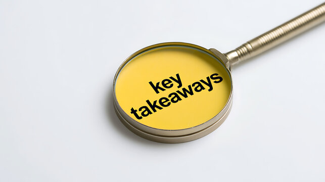 Magnifying glass revealing text key takeaways in black font on bright yellow paper background for business education and learning concepts