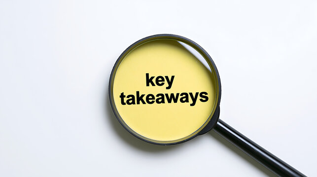 Magnifying glass reveal text key takeaways on bright yellow paper background, business concept symbol of discovery, analysis and review