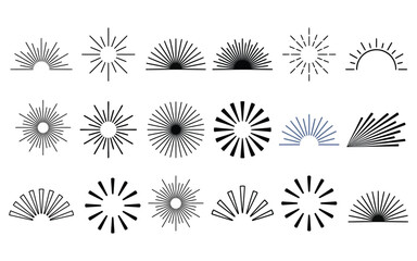 Sunburst light ray icon collection featuring linear radial designs for vintage logo branding elements. © PNG world