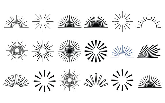 Sunburst light ray icon collection featuring linear radial designs for vintage logo branding elements.
