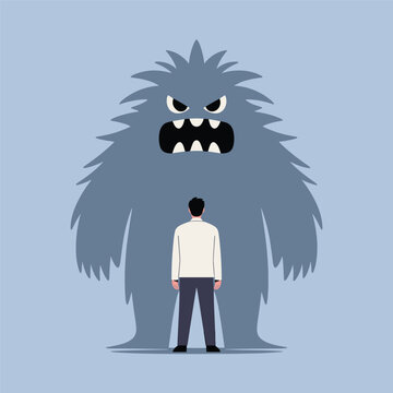 Man standing in front of a large grey furry monster with an angry expression and sharp teeth on a light blue background