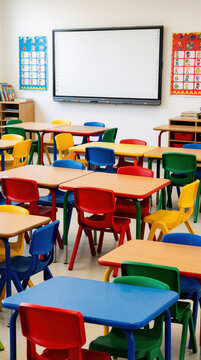 Modern elementary school classroom features colorful tables and chairs. Interactive whiteboard and learning charts create bright, engaging educational space for young children. Ready for lessons.