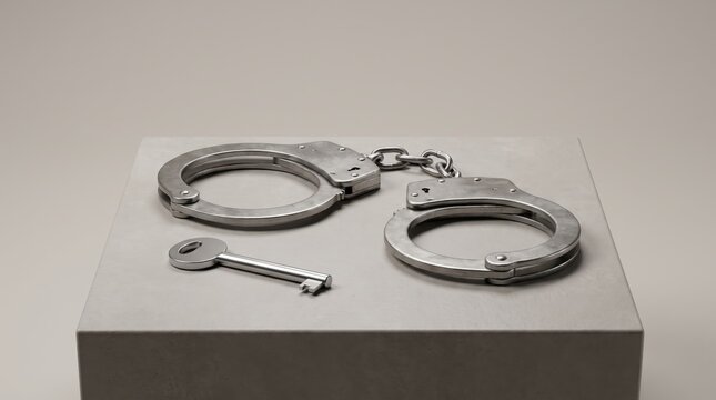 metal handcuffs and key resting on concrete pedestal against light grey background. crime, law enforcement and justice concept. arrest and captivity symbol. banner, website header, copyspace.