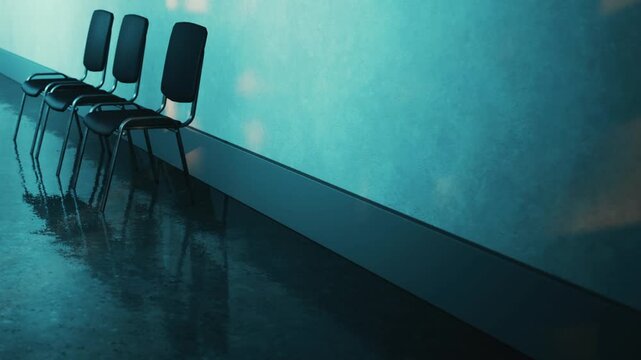 Chairs are positioned in a hallway, with water pooling on the floor. The scene shows reflections and hints of light coming from the wall. This area appears to be indoors during a rainy day.