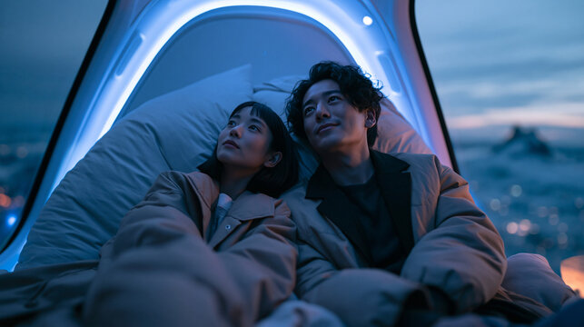 Romantic Couple Relaxing Inside Futuristic Glamping Pod at Dusk