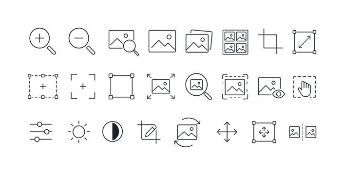 Image zoom outline icon set with frames, magnifiers, crop marks, and picture editing symbols, image, zoom, frames, magnifiers,