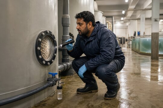 Aquaculture Water Quality Monitoring technician inspects biofilter in land based