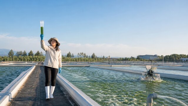 Aquaculture Water Quality Monitoring Researcher clarity at commercial algae culture raceway