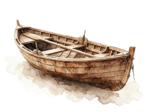 Hand painted watercolor illustration of old wooden boat with oar. Rustic brown dinghy vessel isolated on white background. Vintage rowing skiff for fishing nautical travel. Small timber boat element