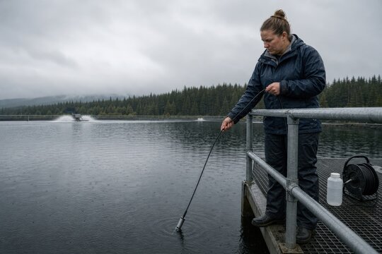 Aquaculture Water Quality Monitoring Technician samples dissolved oxygen at cool climate fish pond