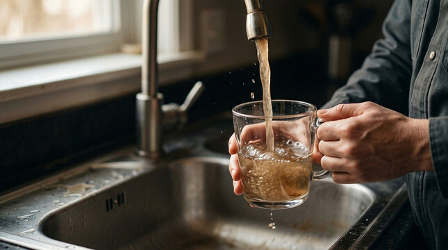 Dirty Tap Water Pouring into Glass: Contaminated Home Faucet Problem