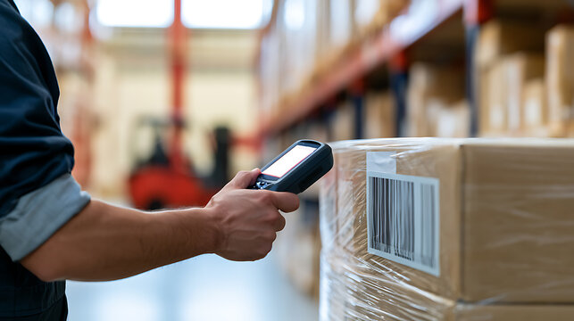 Warehouse worker use a handheld barcode scanner to check package label and inventory product detail in a distribution fulfillment center space