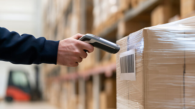 Warehouse worker hand hold electronic barcode scanner device scan package box parcel in fulfillment logistics distribution center industry