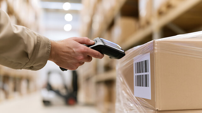 Warehouse worker hand use barcode reader scanner device to check order parcel box package on pallet in distribution logistics storage facility