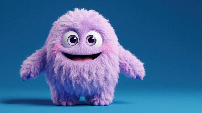 Fuzzy lavender monster stands smiling. Cute fluffy creature with big eyes isolated on blue backdrop. Playful round cartoon character for kids.