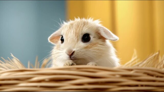 Rabbit sits in a woven basket looking at the camera in a colorful room