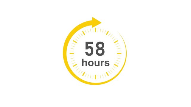Clock 58 hours icon, Clock Face Timer . isolated on transparent background with alpha channel Clock , yellow circular ,timer time passage waiting time animation (4K) , 58 hours. Overlay 4k video anima