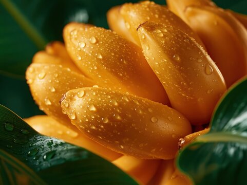 Close-up of ripe yellow bananas covered in fresh water droplets