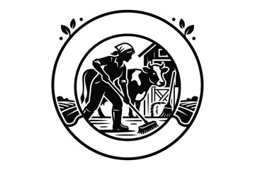 Fototapeta premium Farm worker cleaning dairy barn with cow silhouette vector illustration, cleaning