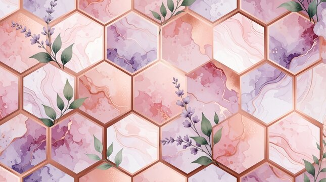Elegant rose gold hexagon pattern with marble texture. Luxury pink, purple geometric tiles feature delicate floral leaves, lavender accents. Abstract seamless background for modern interior decor,